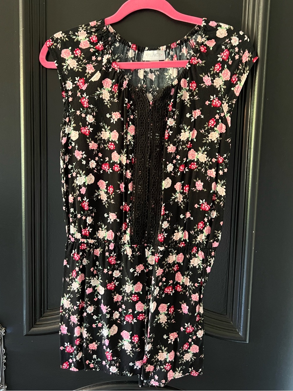 EUC Place Black Floral Girls Romper with Pink Roses | XL (14)